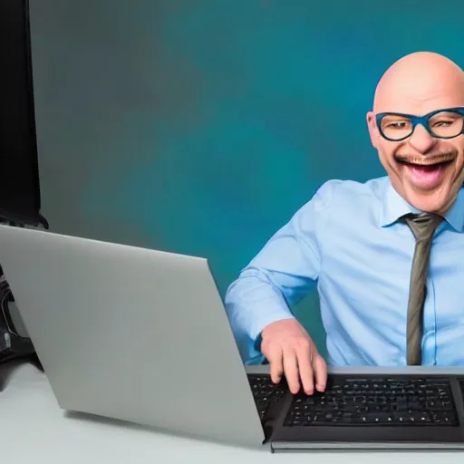 Image similar to Funny Realistic Bald Man is laughing wearing a blue suit and has a pyramidal mustache while hacking into a computer with his golden retriever, neon green glow background, hands fast typing on keyboard, matrix code background