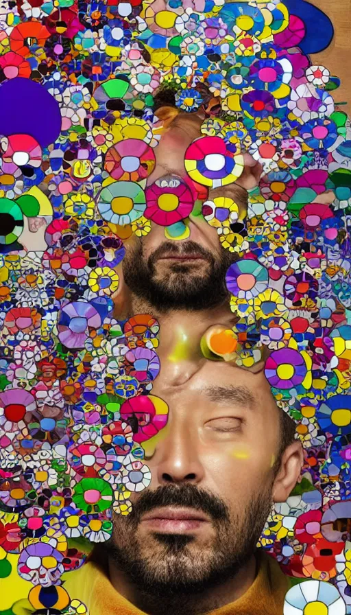 Image similar to a digital collage of a man's face surrounded by colorful objects, a digital rendering by takashi murakami, behance contest winner, neo - dada, maximalist, glitch art, fractalism