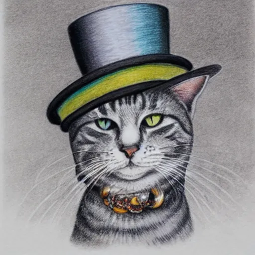 Image similar to portrait of grey tabby cat wearing a top hat next to a black cat wearing a pearl necklace, detailed colored pencil drawing 4 k