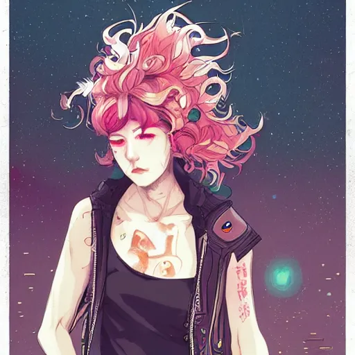 Image similar to a long long long shot in wielding pose of a grungy cyberpunk anime, very cute, by super ss, cyberpunk fashion, curly pink hair, night sky by wlop, james jean, victo ngai, muted colors, highly detailed