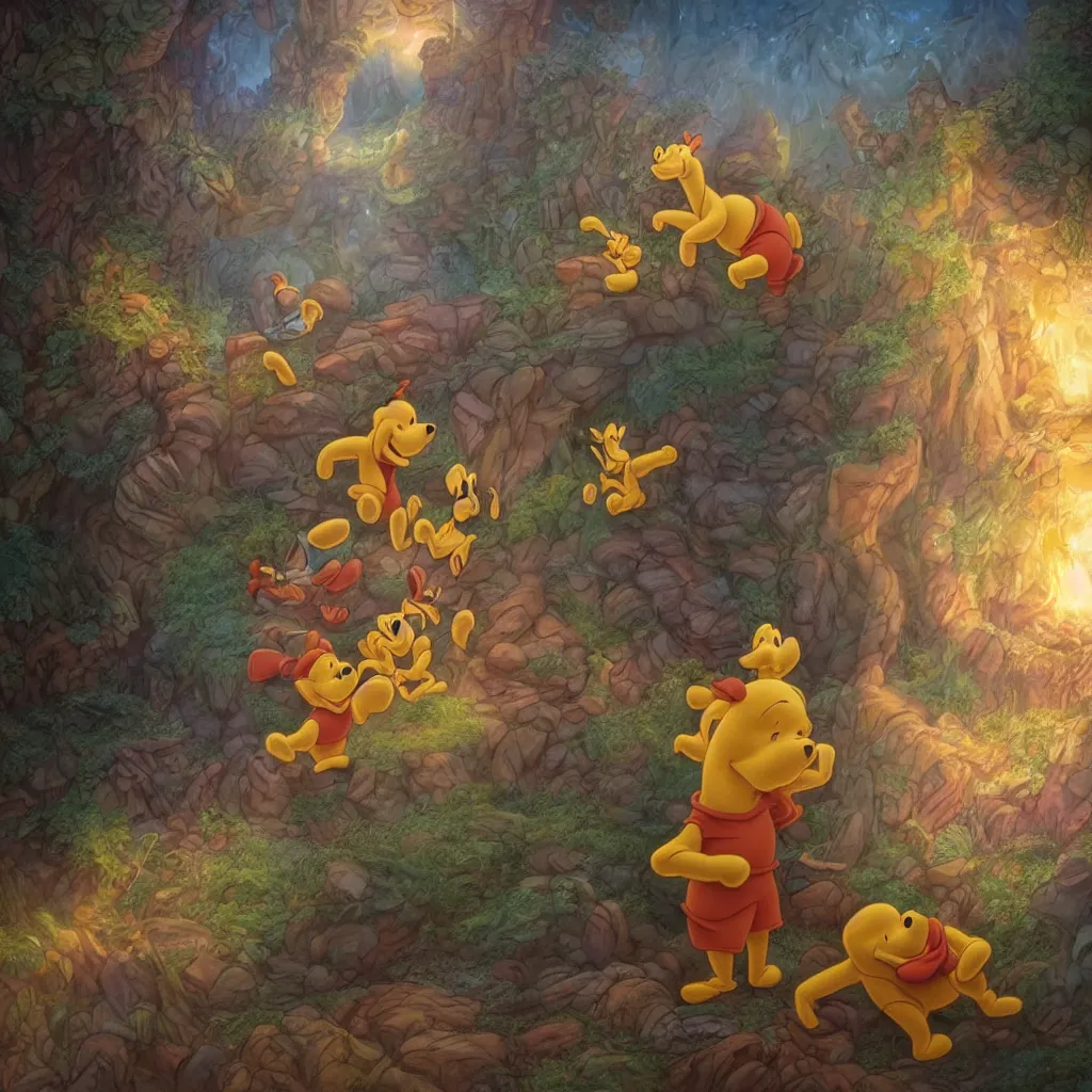 Image similar to epic finale scene of winnie the pooh being betrayed by goofy and donald duck, intricate, epic, elegant, menacing, fantasy, highly detailed, digital painting, hard focus, beautiful volumetric lighting, epic light, ultra detailed, by Leesha Hannigan, Ross Tran, Thierry Doizon, Kai Carpenter, Ignacio Fernández Ríos