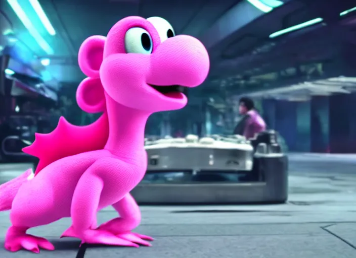 Image similar to film still of pink yoshi in the new sci - fi movie, 8 k