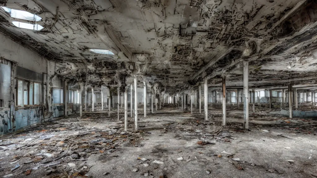 Prompt: inside an old abandoned derelict data centre.