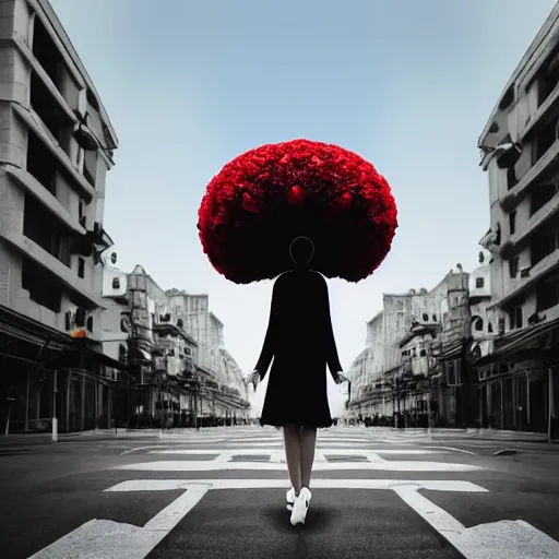 Image similar to giant flower head, woman walking through city, surreal photography, cinematic, blue sky, symmetry, detailed, retro, wes anderson