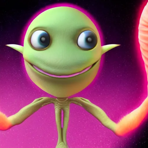 Prompt: an alien with a face that looks like a fuzzy peach the peach is fuzzy pink warm and ripe the alien has horns and a mean smile, 4k, highly detailed, high quality, amazing, high particle effects, glowing, majestic