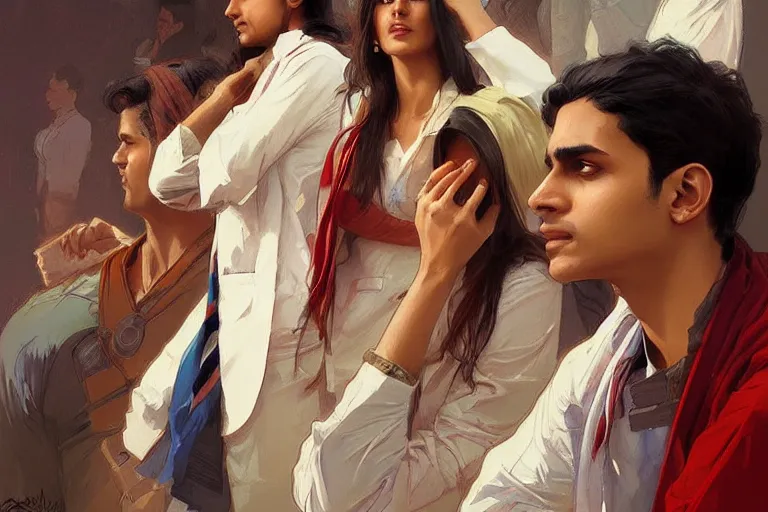 Image similar to Anxious good looking pale young Indian doctors wearing American clothes at the airport, portrait, elegant, intricate, digital painting, artstation, concept art, smooth, sharp focus, illustration, art by artgerm and greg rutkowski and alphonse mucha