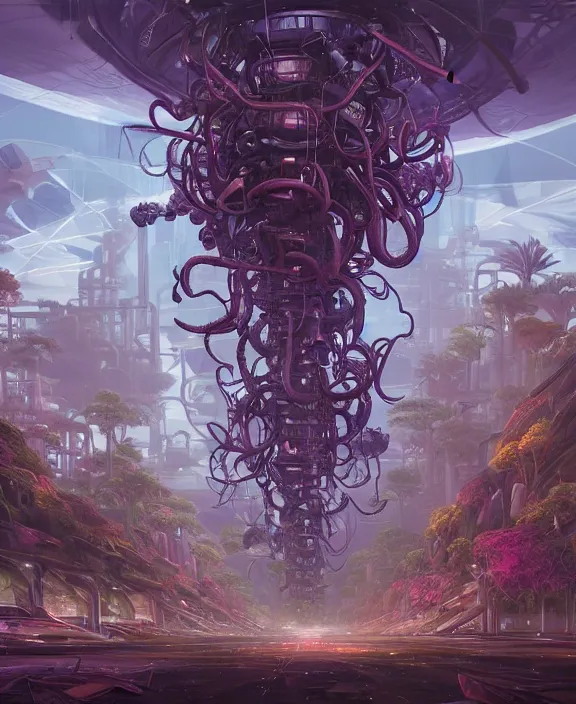 Image similar to a giant solid industrial plant made out of isopod wasp octopus, in the style of a strange exotic spaceship, overgrown with disturbing orchids, godbeams, partly cloudy, somber, dramatic lighting, by dan mumford, yusuke murata, makoto shinkai, ross tran, cinematic, unreal engine, cel shaded, featured on artstation, pixiv