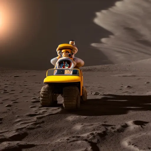 Image similar to wide angle photograph of wario driving a golf cart on the moon, realistic, 4 k, cinematic lighting,