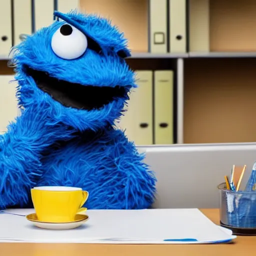 Prompt: Cookie Monster in an office, wearing a business suit at a desk with papers