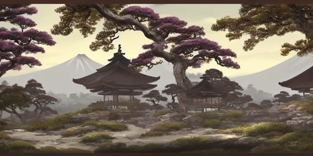 Image similar to digital painting of old japanese landscape with pagoda, curved trees and rocks, detailed, high quality, trending on artstation, 8 k, award winning