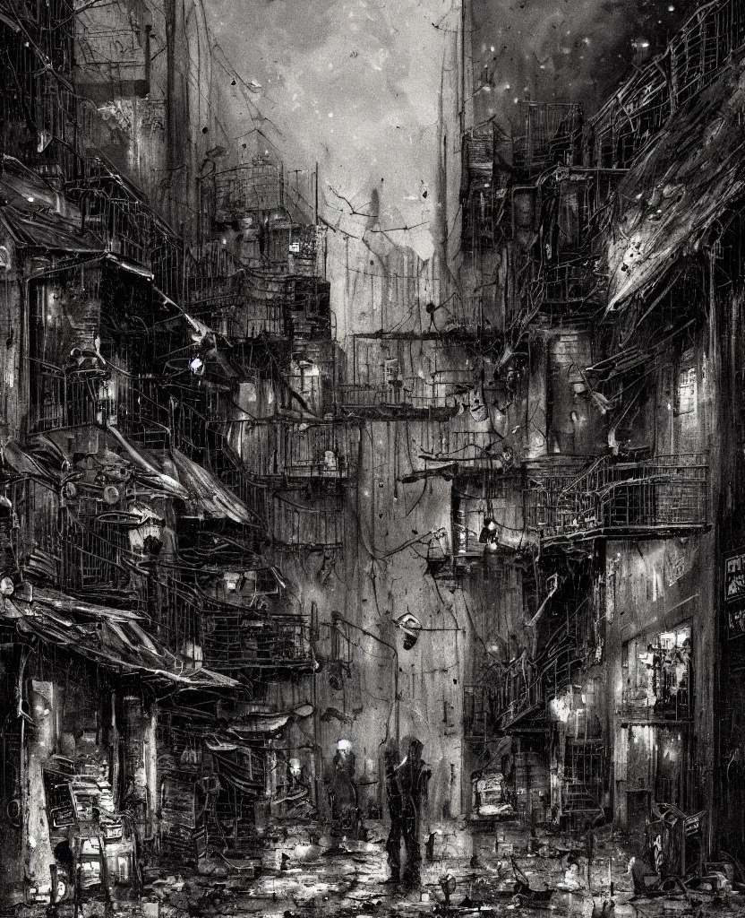 Prompt: the grime and grit of a dark city and its alleyways, a small scene happening in the sonder and somber of life