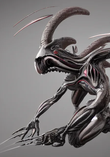 Prompt: a hummingbird - xenomorph, sci fi, full body, intricate, art by kazuhiko nakamura and hajime sorayama, 8 k octane detailed render, post - processing, extremely hyperdetailed, maya, dark background, sharp focus, blender, cinematic lighting + masterpiece, trending on artstation