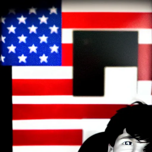 Image similar to American teenager with black hair playing ROBLOX on his computer in his bedroom, USA flag on the wall, France flag on the wall, highly detailed, full room, sad atmosphere, dark room, in the photo realistic