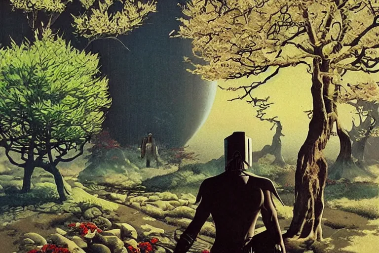 Image similar to 1979 OMNI Magazine Cover of a Druidic elf with armor by a cherry tree in Neo-Kyoto in cyberpunk style by Vincent Di Fate trending in r/reasonablefantasy