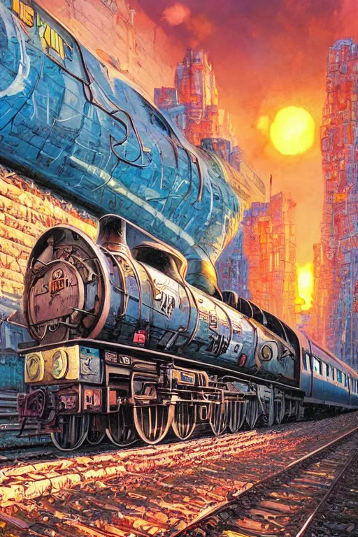 Image similar to trains covered in dripping graffiti paint, by tom lovell and greg staples and hiroshi yoshida and moebius and loish and artgerm, painterly, illustration, sunset lighting