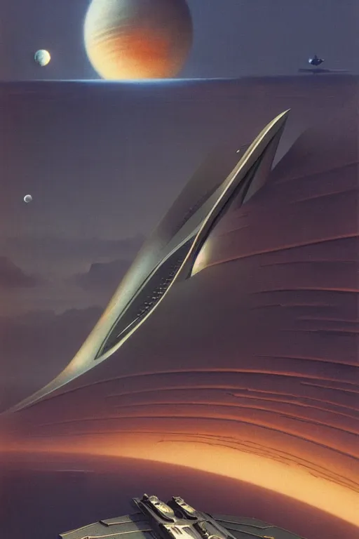 Prompt: emissary space by author haas and bruce pennington and john schoenherr, cinematic matte painting, zaha hadid building, 8 k, dark color palate