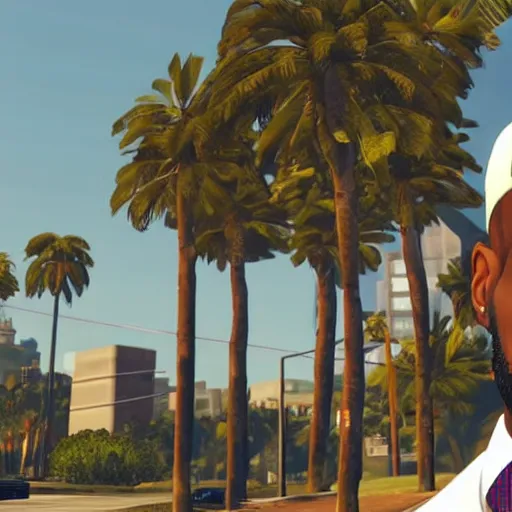 Prompt: Lebron James wearing a suit in GTA V . Los Santos in background, palm trees. in the art style of Stephen Bliss