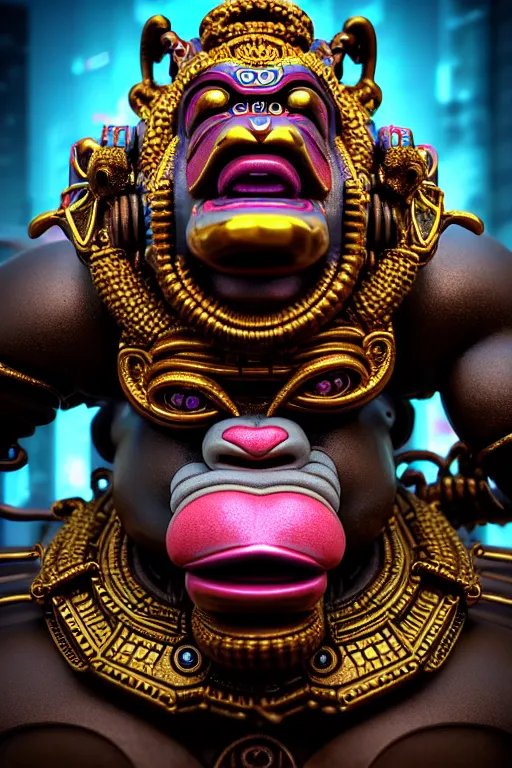 Image similar to high quality 3 d render post - rococo cyberpunk hanuman! head building, neon madhubani, open mouth, highly detailed, in sci - fi mumbai, cinematic smooth unreal engine, lee madgwick & liam wong, dramatic light, low angle, uhd 8 k, sharp focus