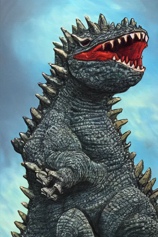 Image similar to a painting of baby godzilla, 4 k, very detailed,