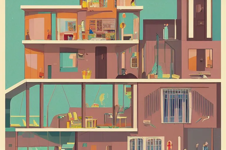 Image similar to a beautiful flat 2 dimensional illustration of a cross section of a house, a storybook illustration by muti and tim biskup, colorful, minimalism, featured on dribble, unique architecture, behance hd, storybook illustration, dynamic composition