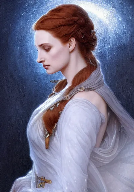 Image similar to sansa angeline jolie gessica chastain ice queen, intricate, elegant, highly detailed, digital painting, artstation, concept art, smooth, sharp focus, illustration, art by artgerm and greg rutkowski and alphonse mucha and william - adolphe bouguereau