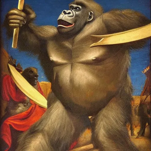 Prompt: A gorilla thrusts a greatsword into the air triumphantly, medieval, oil painting, colorful pigments, stark