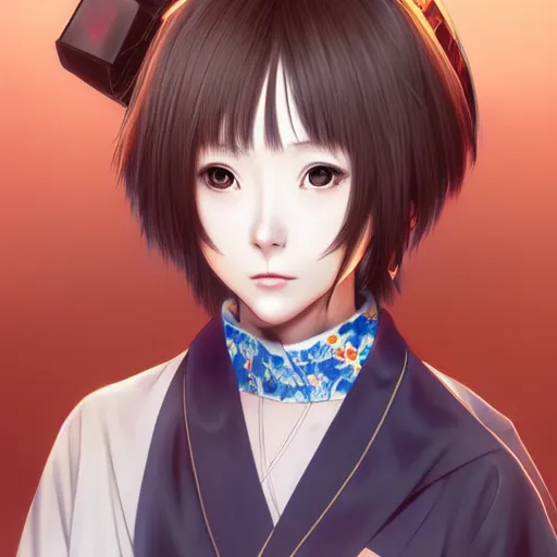 Prompt: A realistic anime portrait of a beautiful Lain Iwakura with a human face wearing a kimono, digital painting, by Stanley Artgerm Lau, WLOP, and Rossdraws, digtial painting, trending on ArtStation, deviantart