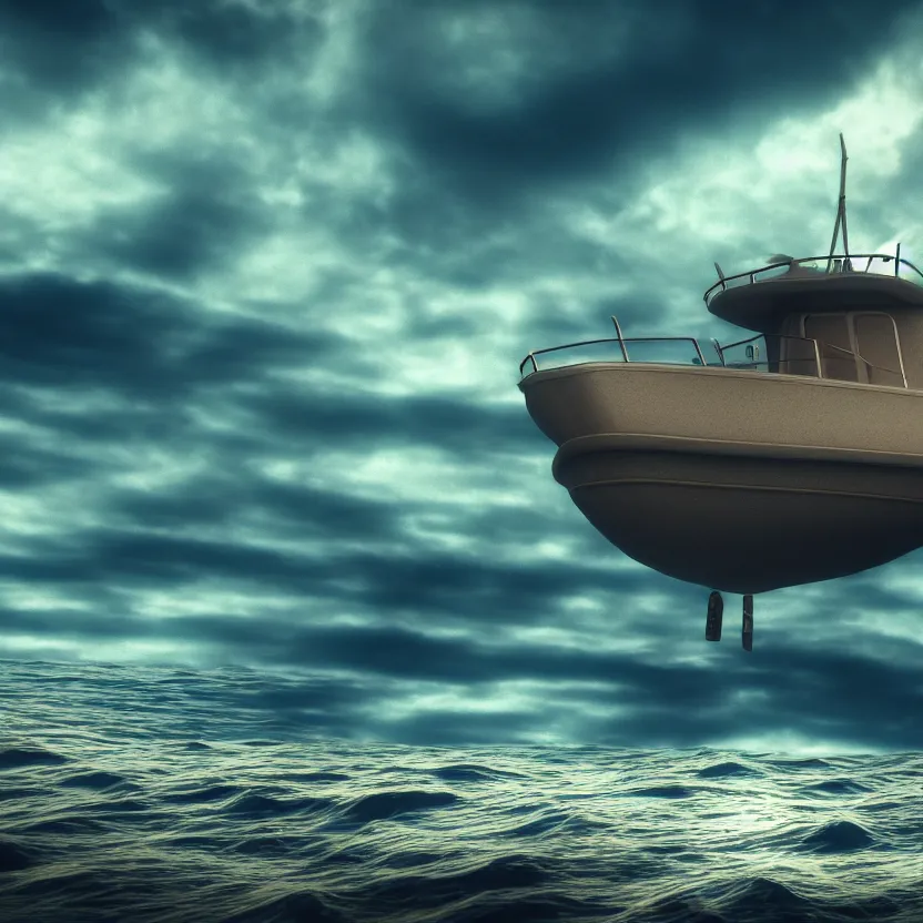 Prompt: underwater photo of boat wake in sky above underwater edinburgh city sharp focus, surrealism, cinematic, unreal engine, 4 k wallpaper, national geographical