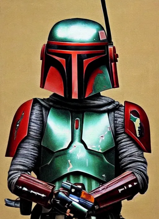 Image similar to boba fett ( mandalorian from star wars ) in a samurai japanese version, very detailed oil painting, dark and realistic, japanese art art