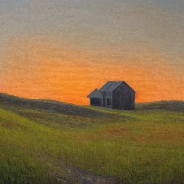 Prompt: a beautiful oil painting of a white farmhouse on a lonely country road at sunset
