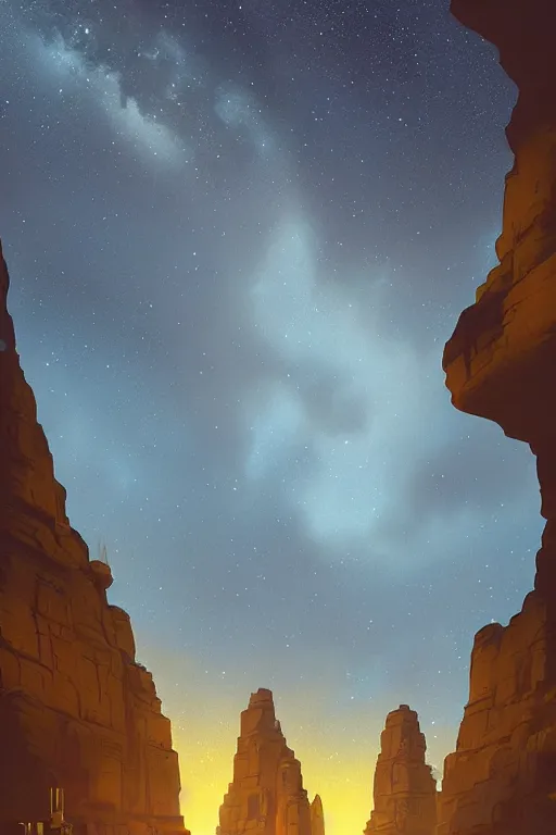 Image similar to ancient temple glowing yellow in a canyon, light streaks in night sky full of stars, dramatic lighting, artstation, matte painting, ralph mcquarrie, simon stalenhag