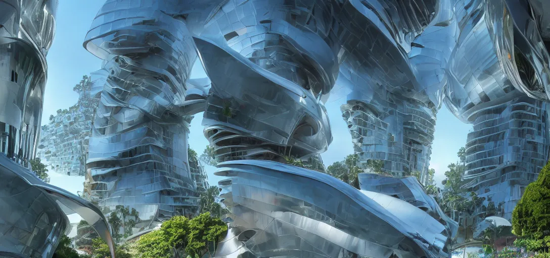 Prompt: highly detailed futuristic architecture by Frank Gehry, in the style of pixar animation, stylized vegetation, ground-level view, puddles of turquoise water, foggy atmosphere, stunning sunny lighting, sunrise, vivid colors, trending on Artstation, 8k, matte painting, ray tracing, hyper detailed, unreal engine 5, cinematic, epic lighting, cryengine, octane render, cyberpunk, red and orange glow, vibrant