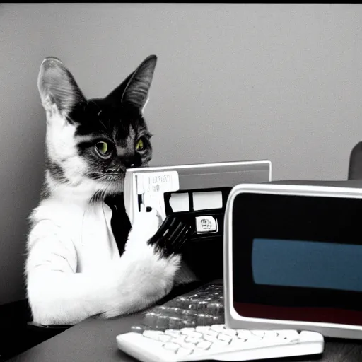 Image similar to a 80s Polaroid of a cat with a suit working at a Macintosh computer inside an office