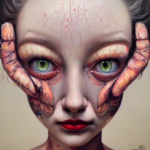 Prompt: her eyes reflect the source code of my soul, oil on canvas portrait by james jean and esao andrews