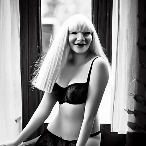 Prompt: Sia wearing lingerie, beautiful. godrays, artistic lighting, photoshoot, smiling face
