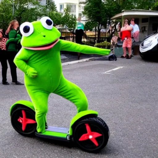 Image similar to elvis riding a segway in a frog costume