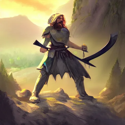 Image similar to a victorious fantasy warrior raising sword in a beautiful valley, dramatic lighting, digital painting, concept art