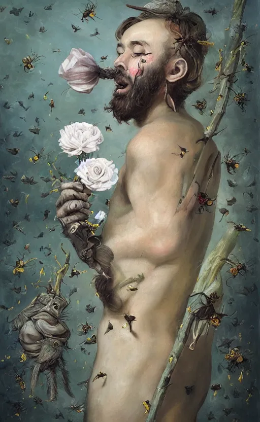 Prompt: a painting of a young bearded man holding a white rose and a stick, jester hat, small dog, a surrealist painting by marco mazzoni, peter mohrbacher, nychos, cgsociety, neo - figurative, detailed painting, rococo, bees, oil on canvas, birds seapunk, biomorphic lovecraftian