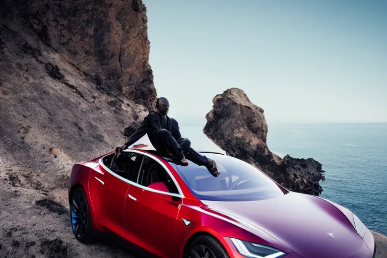 Prompt: photo of a gorgeous black model sitting on a Sci-fi Tesla on a cliff on the ocean By Emmanuel Lubezki