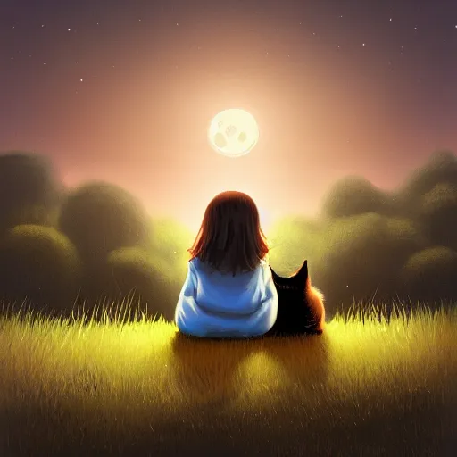 Prompt: A little girl and a cat are sitting in a field at night and see moon, trending on artstation, 50mm, by Noah Bradley