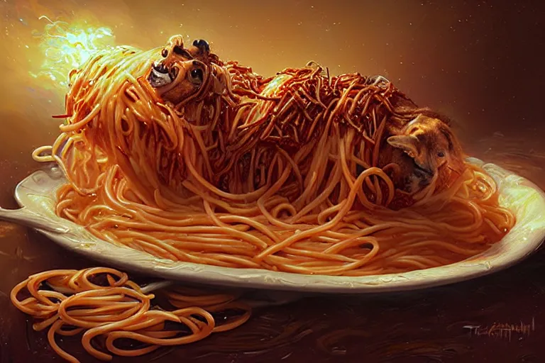 Prompt: portrait of ted cruz rolling around in spaghetti, an oil painting by ross tran and thomas kincade