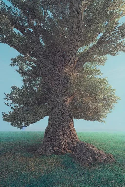 Image similar to a ancient knotted tree connected to space and time, calm, tranquil, faded effect, detailed, vaporwave colors, render by substance designer,