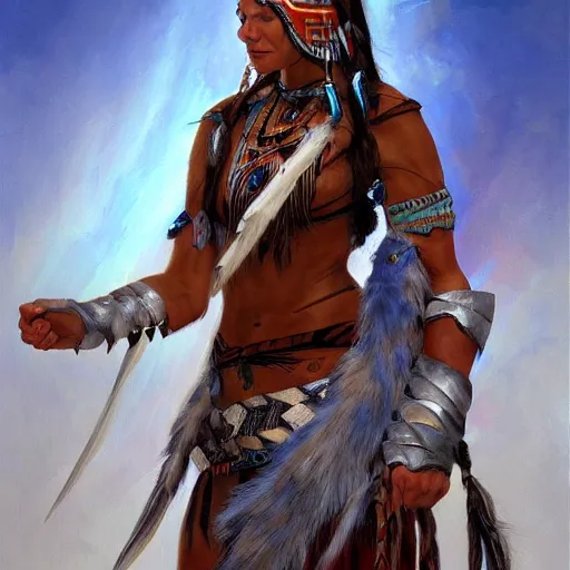 Image similar to painting of a shamanic warrior woman with blue eyes, native american, brown hair, and silver armor by jon foster, trending on artstation