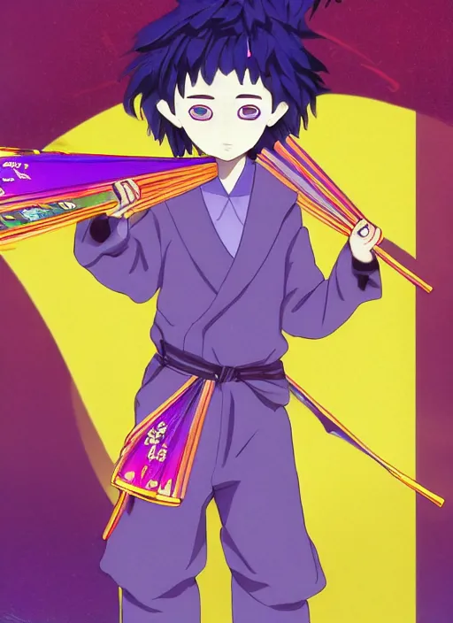 Prompt: young boy with straight indigo hair, purple eyes with red eye markers, slim body, wearing a detailed Japanese kimono with traits of the god Fuujin, holding a pair of fans. rich vivid colors, ambient lighting, dynamic lighting, 4k, official media, anime key visual, makoto shinkai, ilya kuvshinov, lois van baarle, rossdraws, detailed, trending on artstation