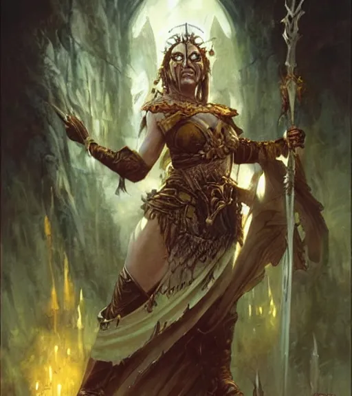 Image similar to a evil female half - orc fantasy priestess, art by karol bak and mark brooks and greg rutkowski, centered