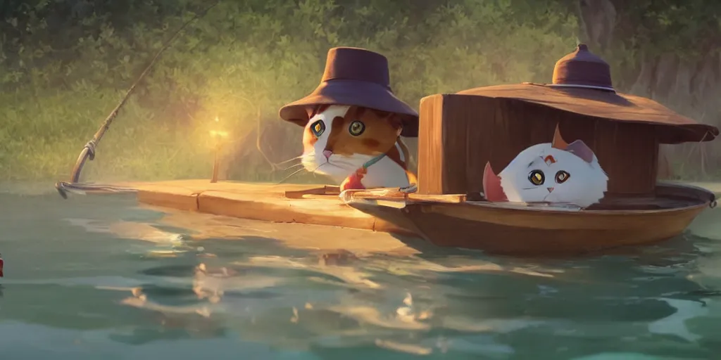 Image similar to a wholesome animation key shot of a cute cat on a fishing boat wearing a sunhat, studio ghibli, pixar and disney animation, sharp, rendered in unreal engine 5, anime key art by greg rutkowski, bloom, dramatic, dynamic lighting