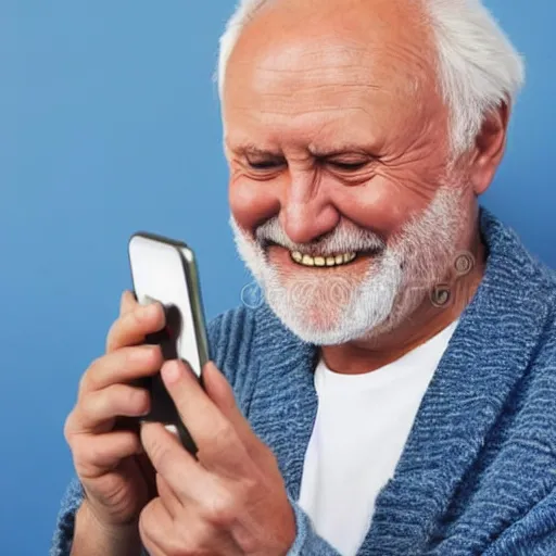 Prompt: hide the pain harold internet meme looking down and holding a phone in his hands, smiling, stock photo, professional lighting, detailed, artstation