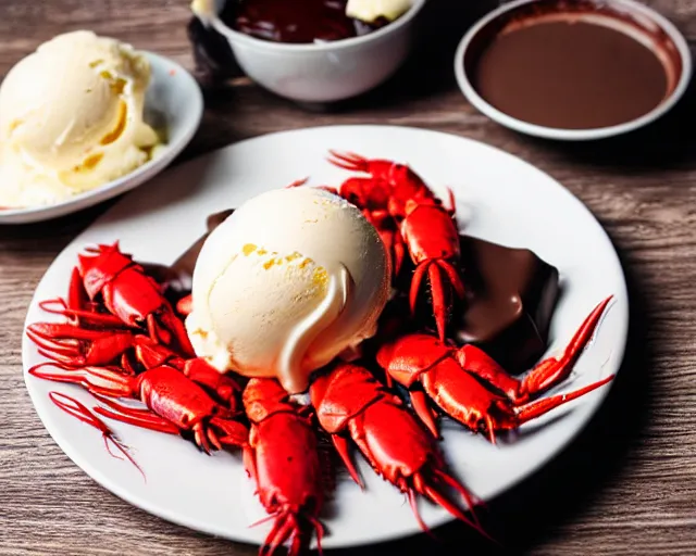 Image similar to dslr food photograph of a plate of vanilla ice cream and a crawfish, some chocolate sauce, 8 5 mm f 1. 4