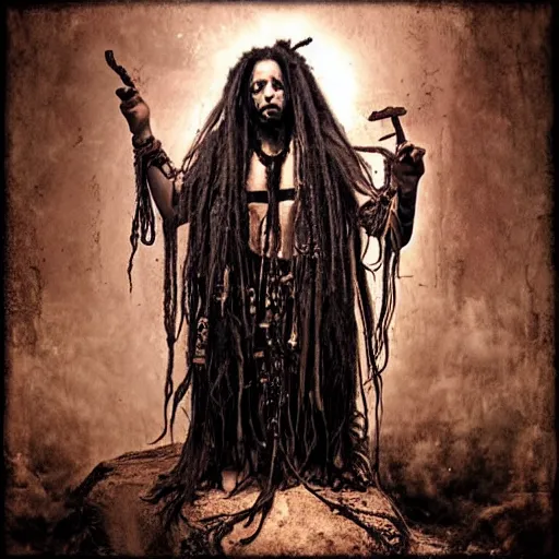 Image similar to a horror shaman with dreadlocks in sacrament of death