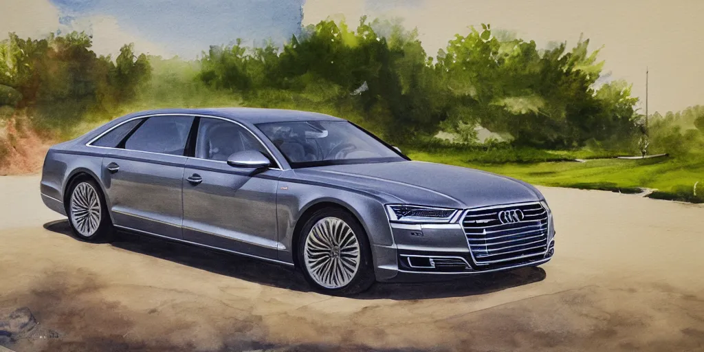 Image similar to audi a 8 water color painting, rtx, raytracing, 8 k, highly detailed, soft colors,